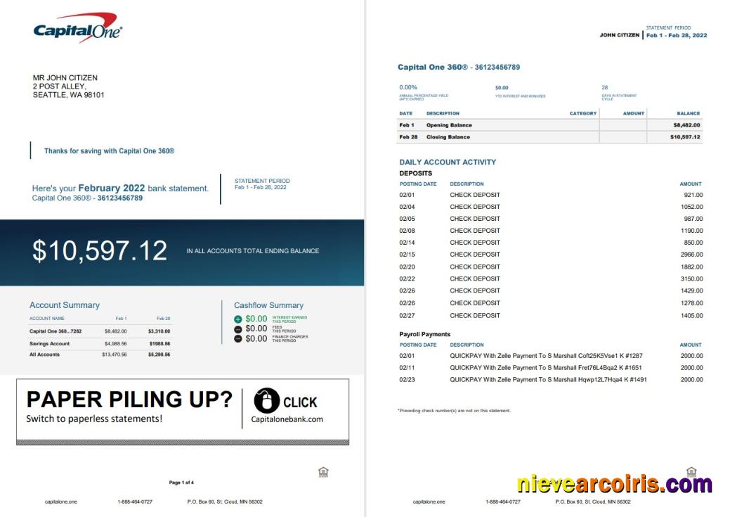 USA Capital One bank statement Word and PDF, 4 pages